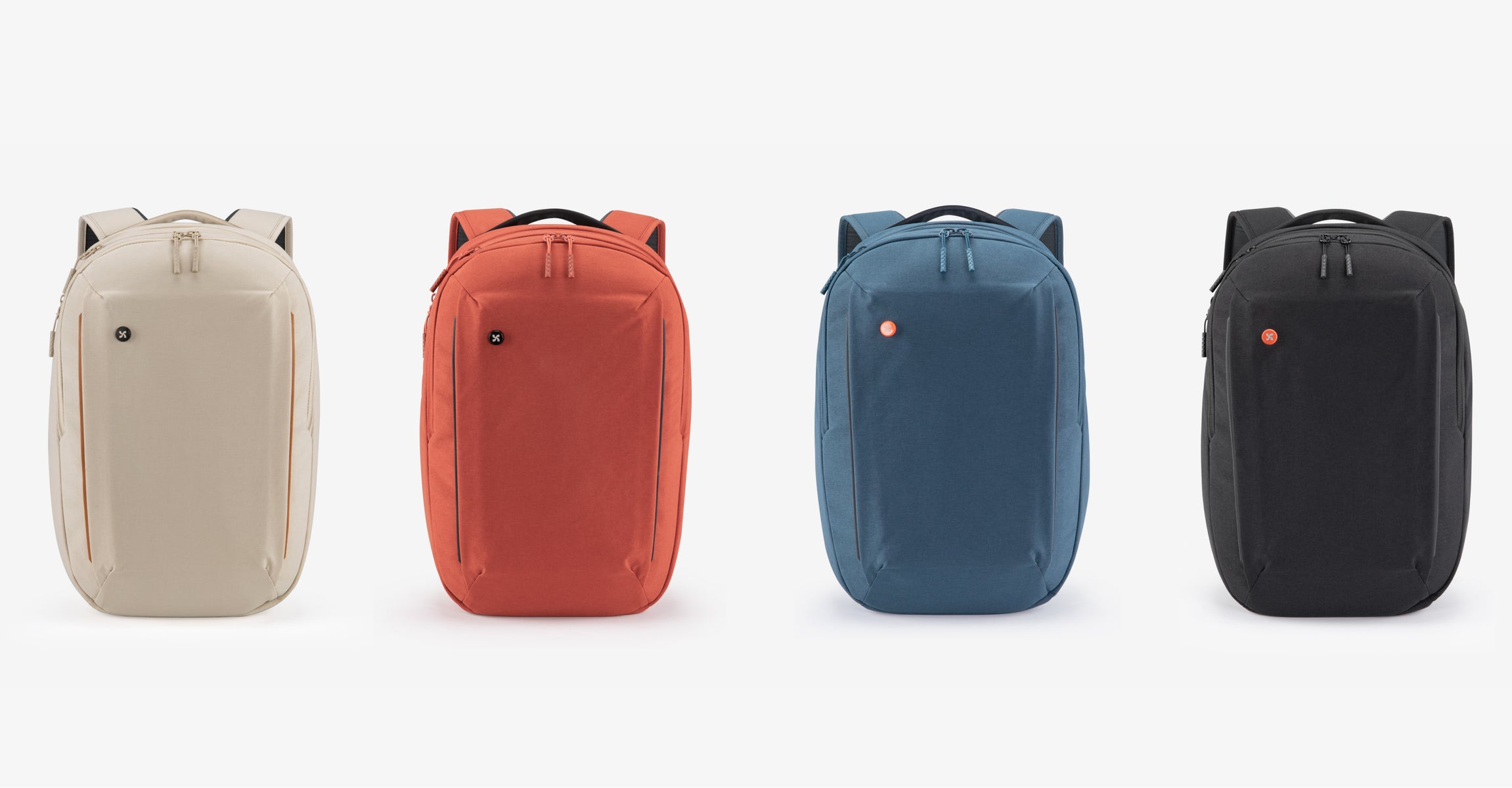 City Adventure Backpack in four stylish colors—Cream, Brick Red, Ocean Blue, and Midnight Black—designed by Mopak for urban commuting, weekend getaways, and eco-conscious travel. Made with recycled RPET fabric and engineered for both structure and sleek minimalism