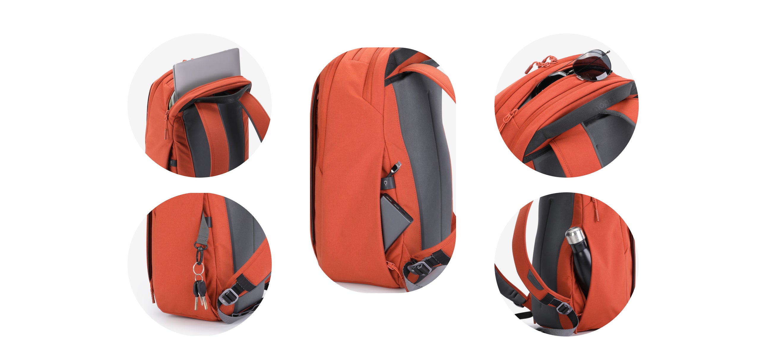 Close-up of City Adventure Backpack in burnt orange showing multiple functional pockets including a water bottle holder, hidden zipper pocket, top sunglasses compartment, laptop slot, and keychain clip storage.