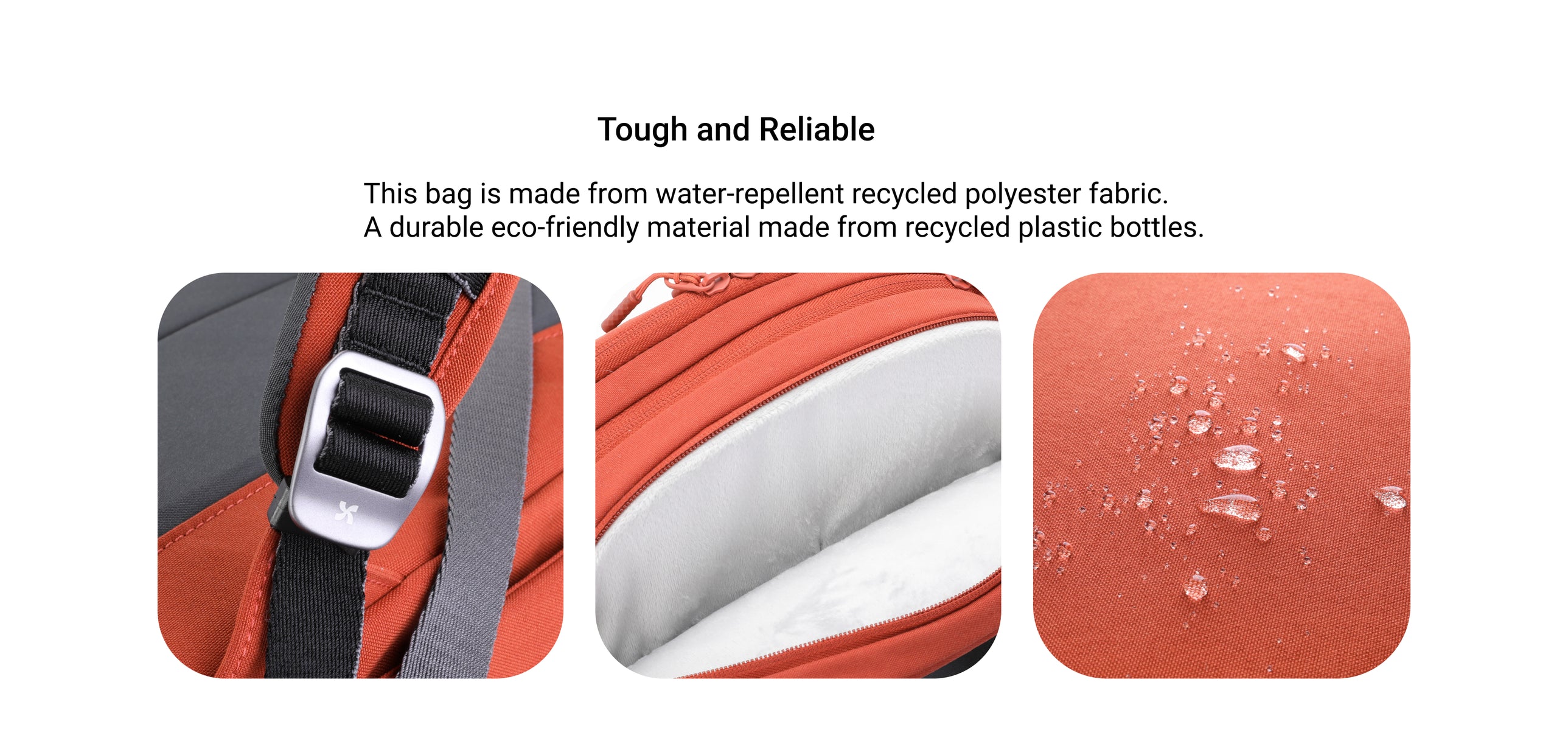 Close-up of Mopak City Adventure Backpack's recycled water-repellent fabric, aluminum buckle, and soft padded interior lining showcasing eco-friendly and durable design features.