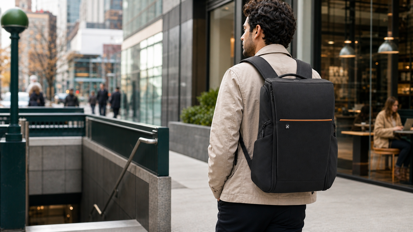 MOPAK urban backpack with pinwheel logo worn during a city commute