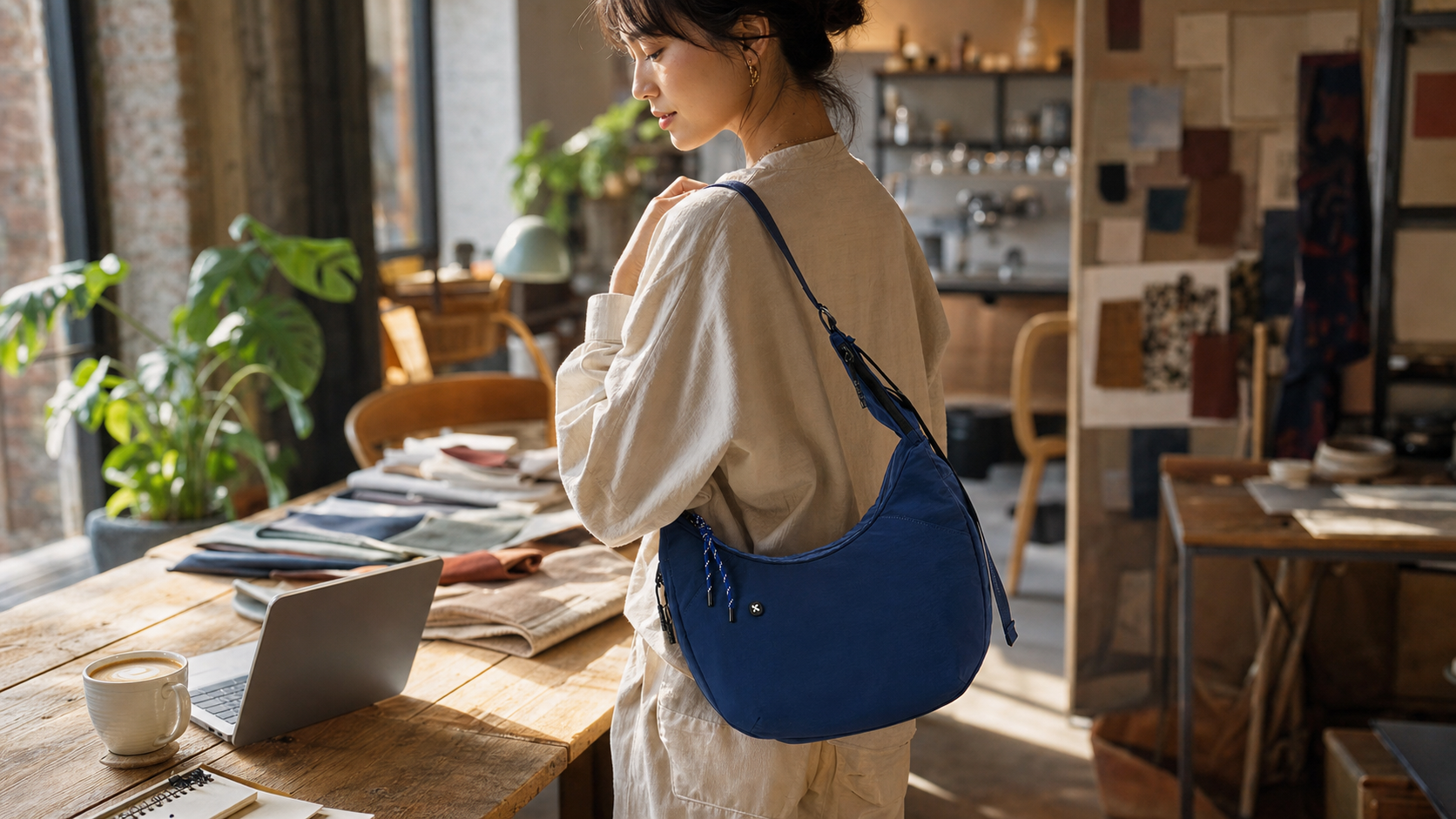 MOPAK Cloud Hobo with pinwheel logo worn in a sunny creative studio cafe
