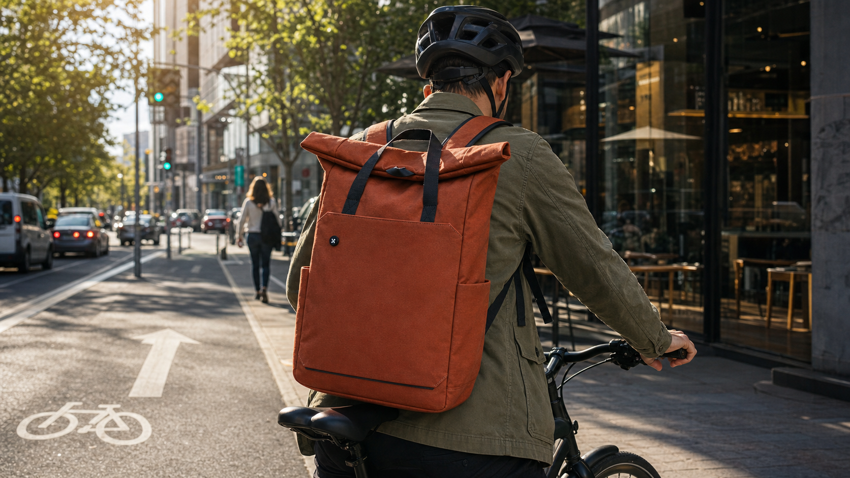 MOPAK City Cycle Backpack with pinwheel logo worn during a sunny city bike commute
