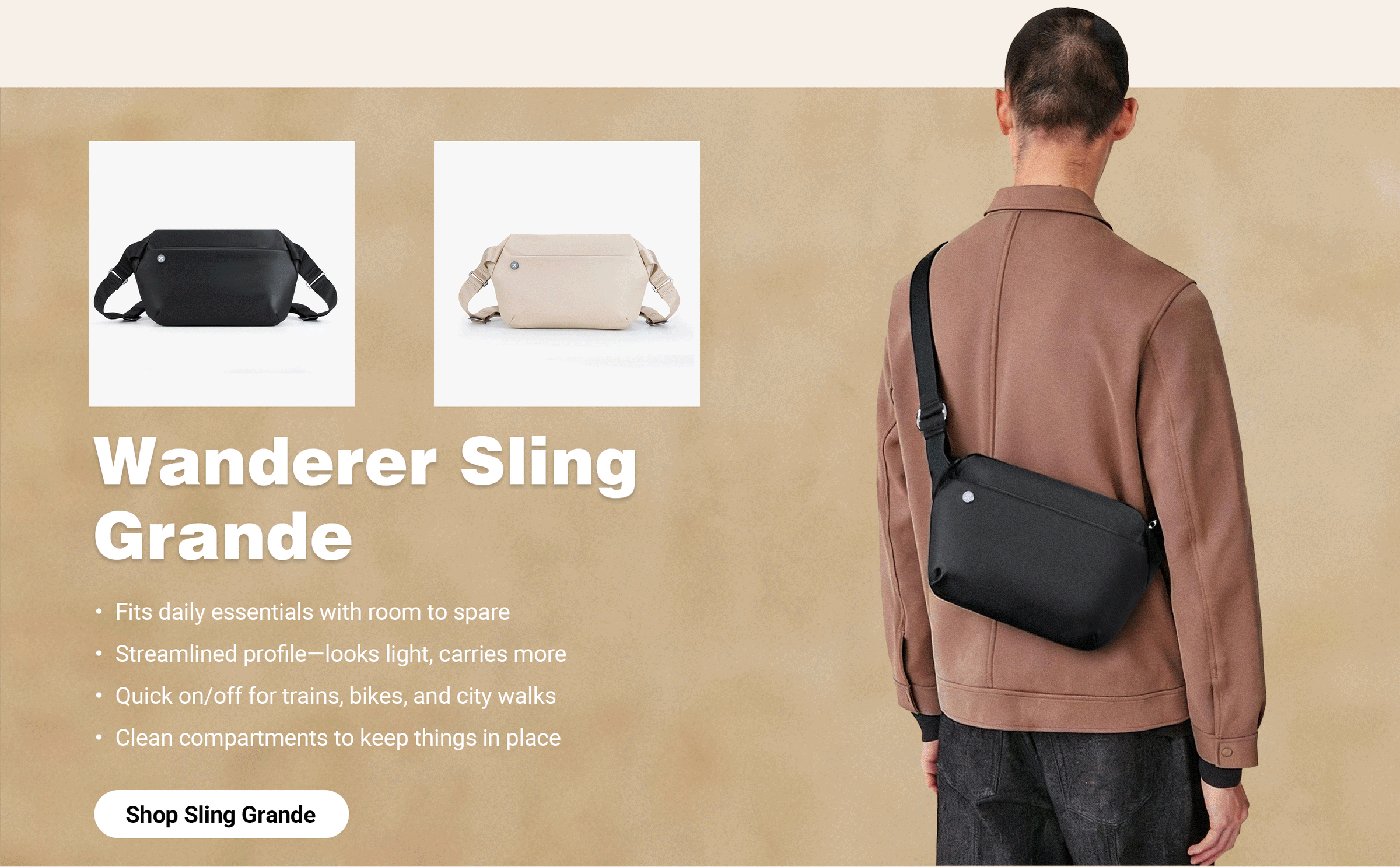 Wanderer Sling Grande Coffee Leather image with a male model, the image shows the water bottle size and how to take out the water bottle