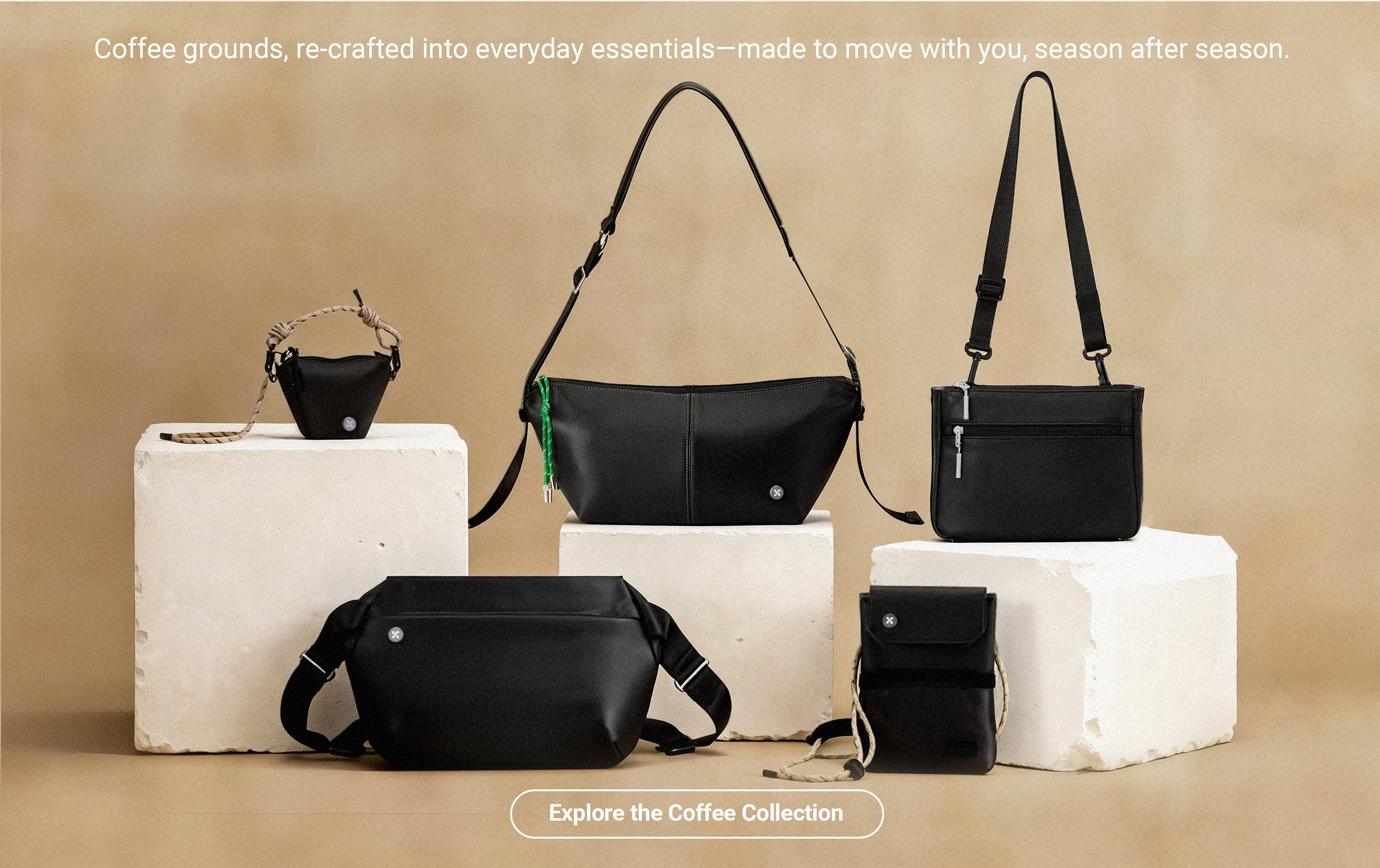 MOPAK Black Coffee Collections displayed on white cubes against a beige background with promotional text.