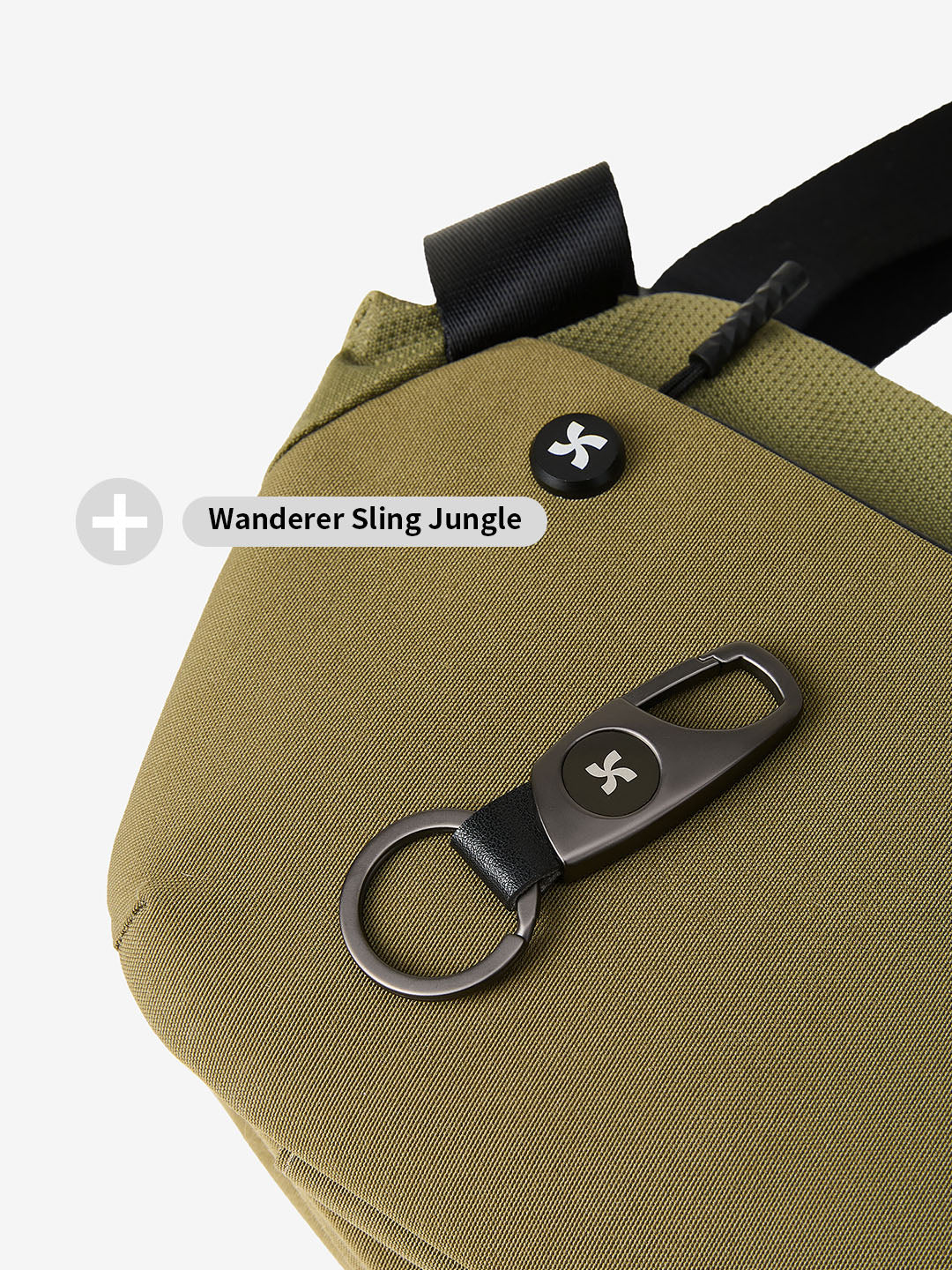 Close-up of MOPAK key loop accessory attached to Wanderer Sling Jungle bag.