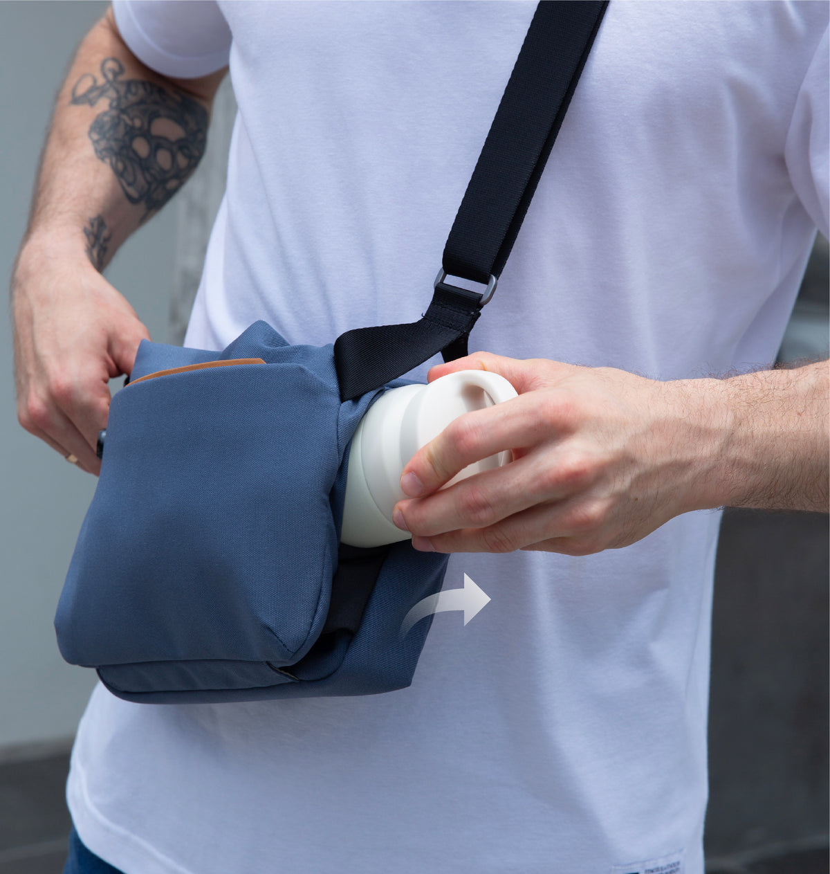 MOPAK Wanderer Sling blue crossbody bag with concealed water bottle sleeve