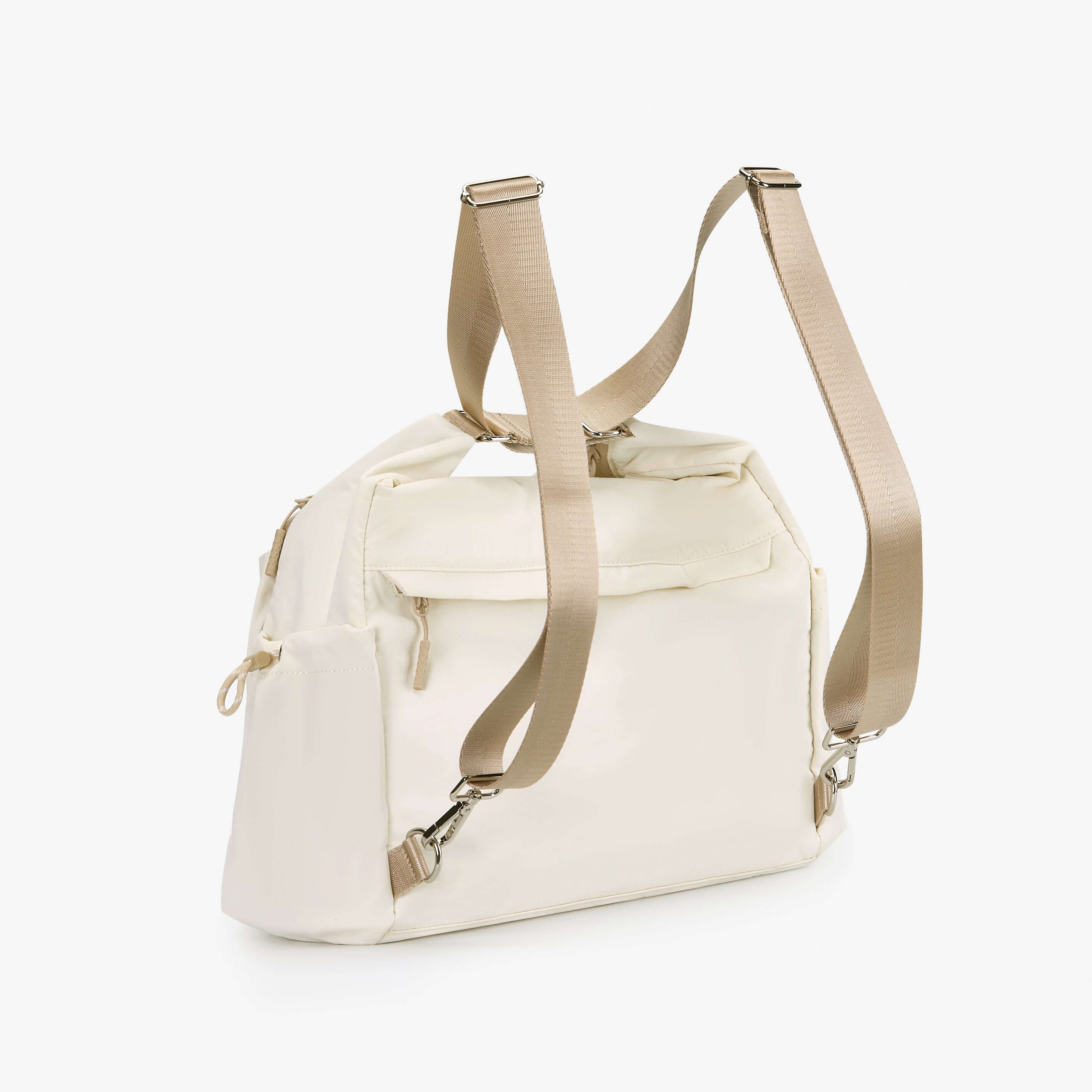 Air Convert Tote in eco-friendly fabric, versatile design as backpack or sling, featuring stylish beige straps by Mopak and Lululemon.