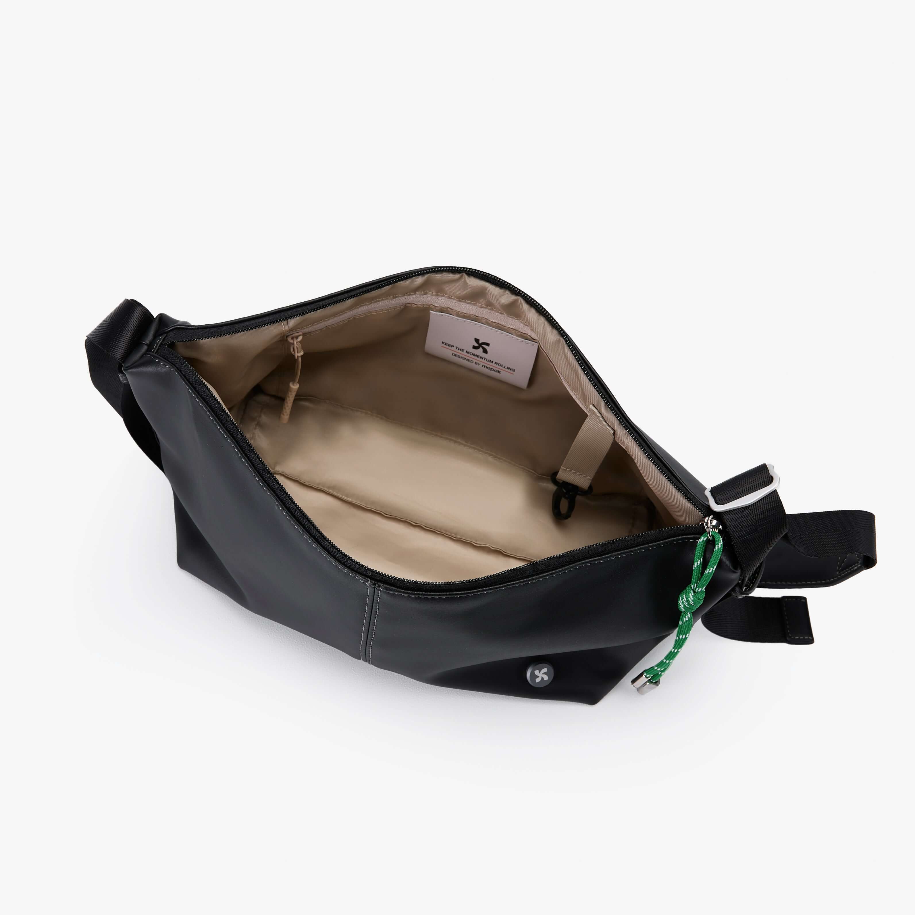 Interior view of the Urban Glide Crossbody bag featuring a padded strap, coffee ground fabric, and rain-proof design.