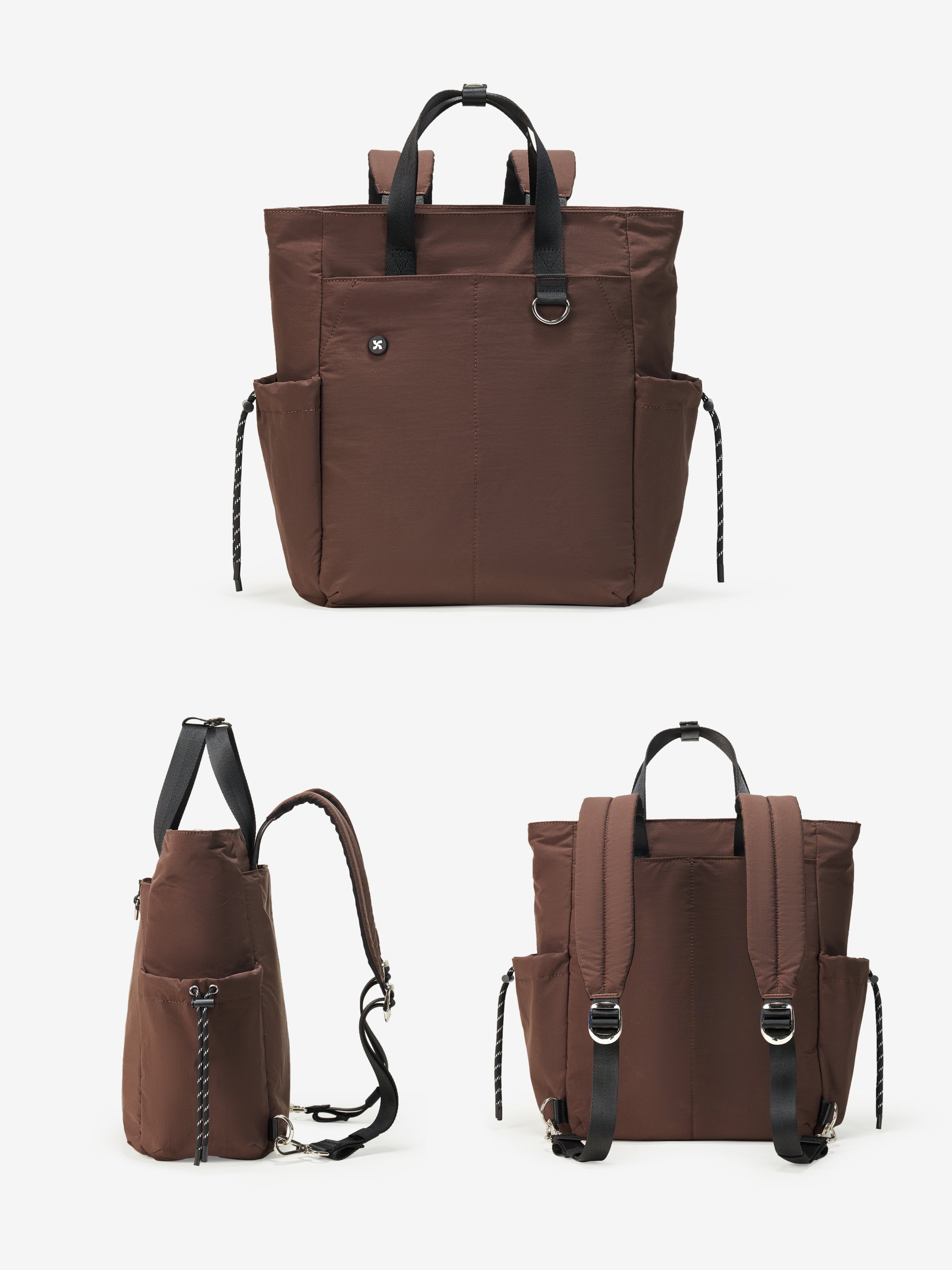 Air Daily Pack in cocoa showcasing front, side, and back views of the stylish and functional everyday bag.