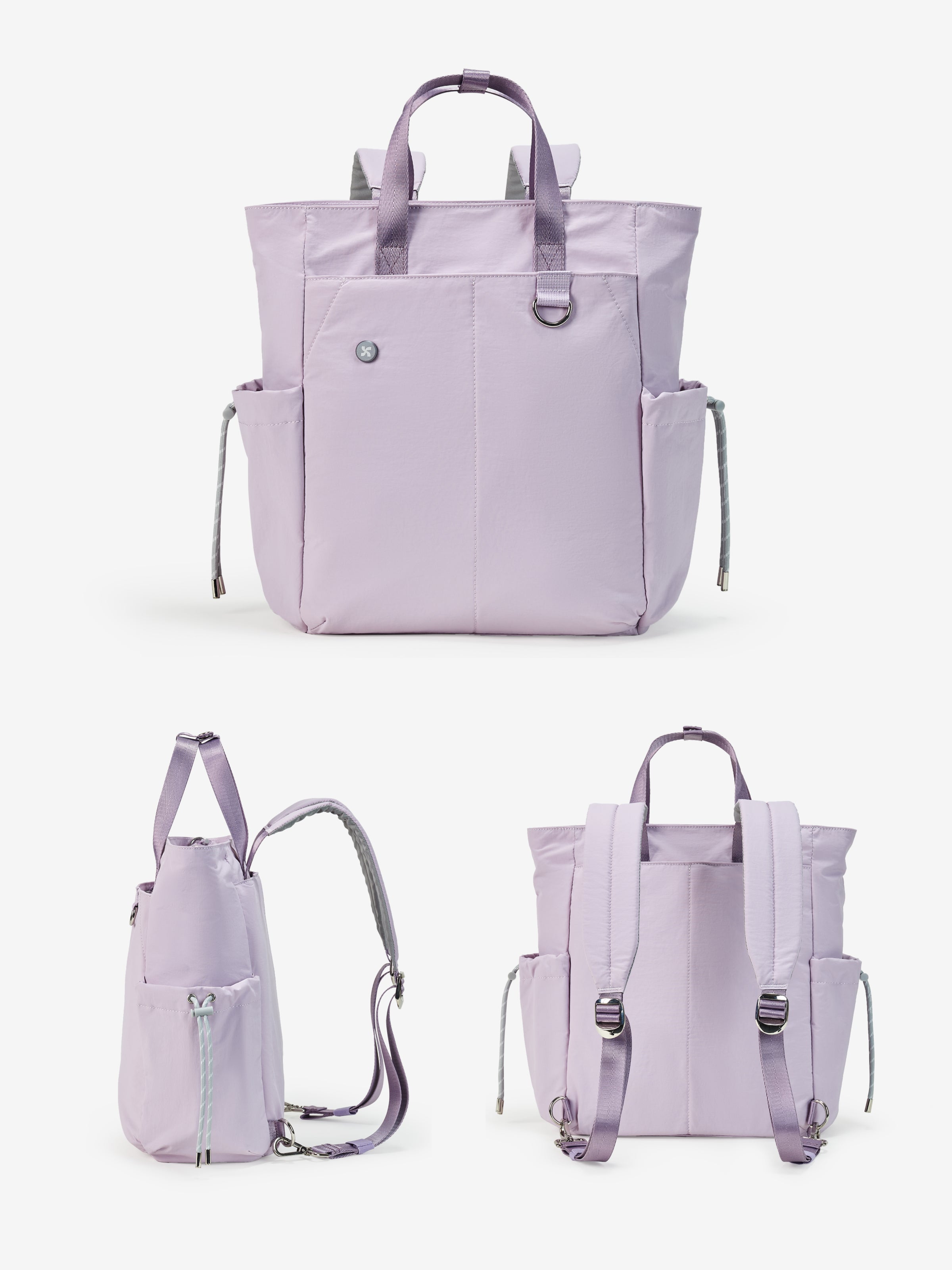Air Daily Pack in Lilac color displaying front, side, and back views showcasing its stylish design and pockets.