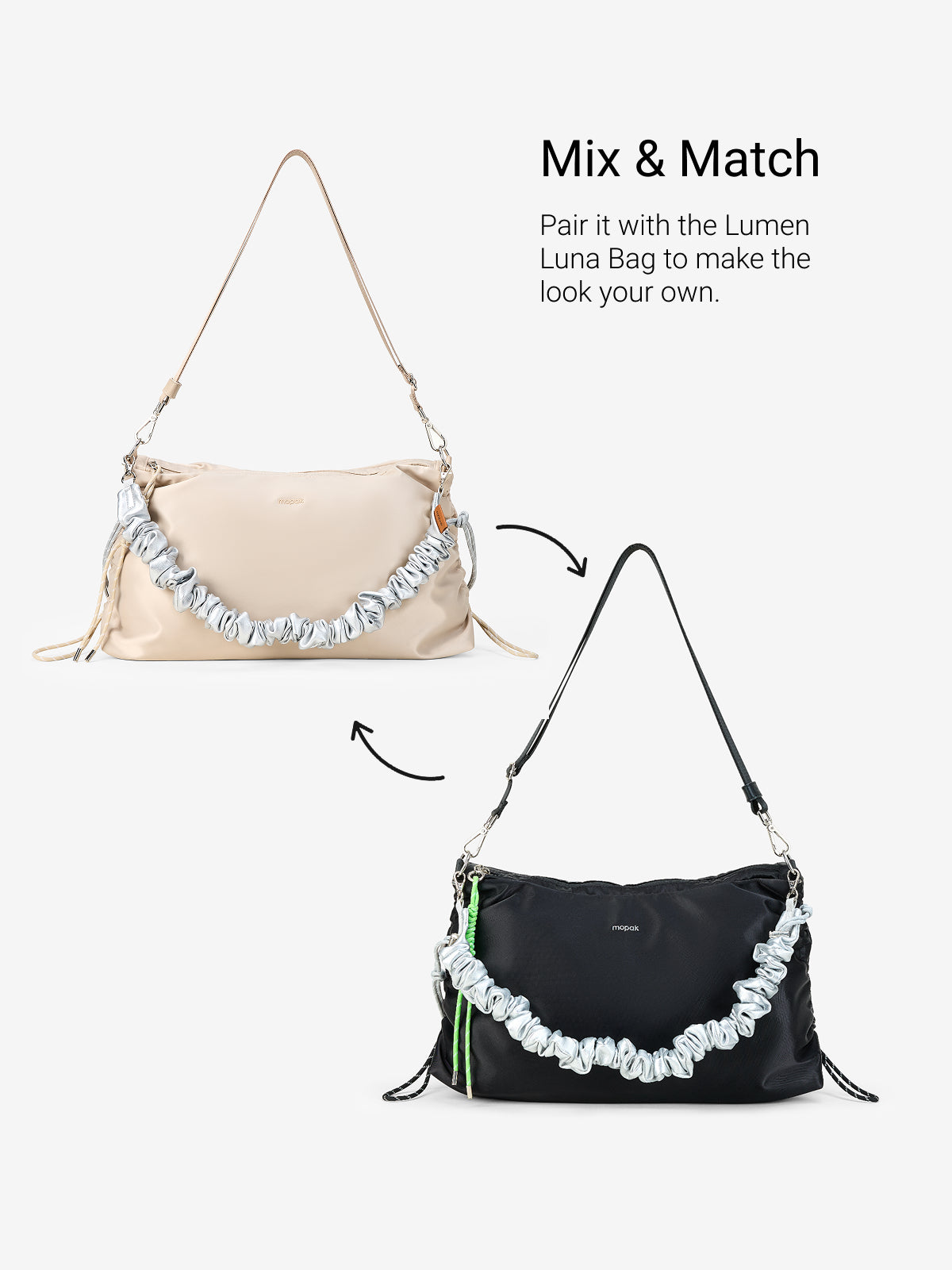 Mix and match the Lumen Luna Strap with Lumen Luna Bag for a stylish look. Detachable crossbody phone strap shown.