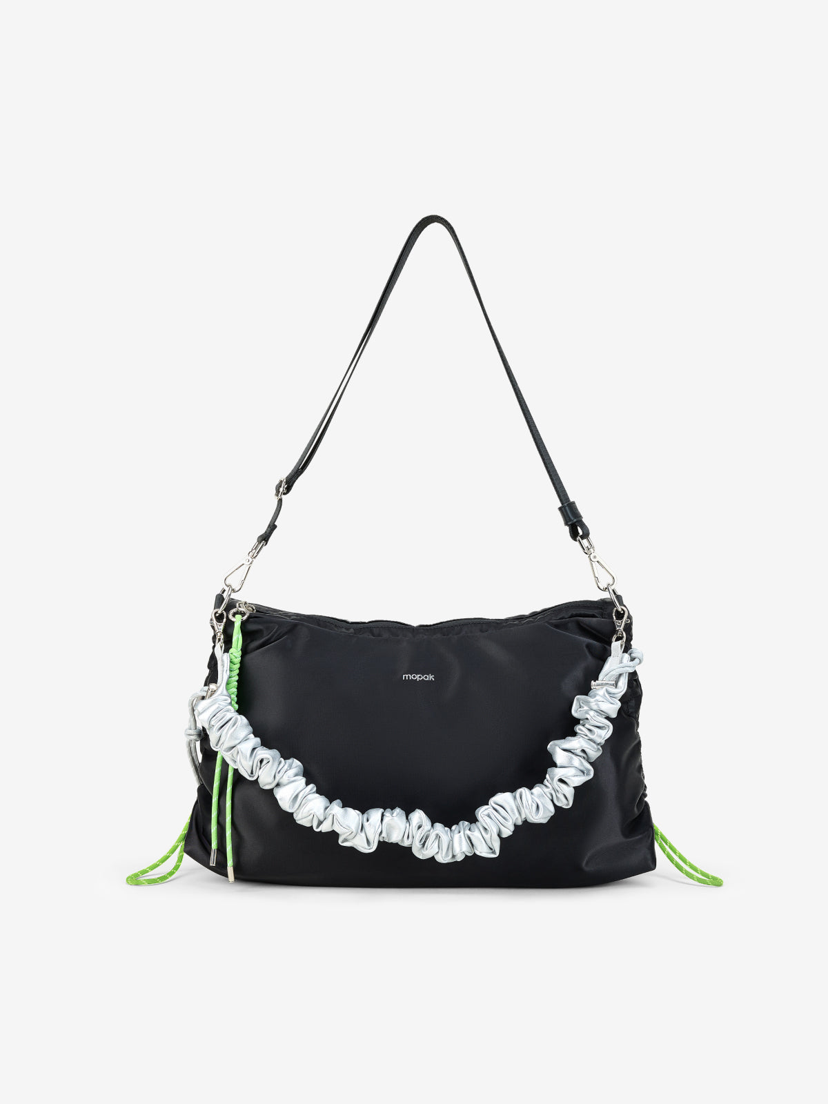 A black nylon shoulder bag featuring a prominent silver-gray ruffled trim across the front and bright green drawstring accents, shown against a plain light gray background.