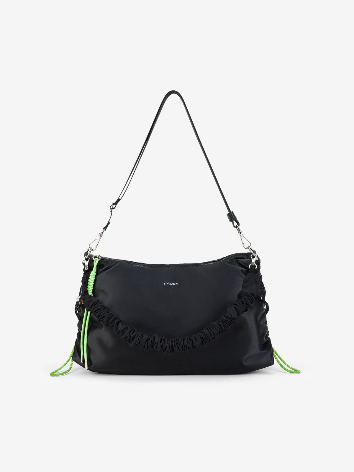 A black nylon shoulder bag with a distinctive ruffled trim and bright neon green drawstring accents, shown against a plain light gray background.