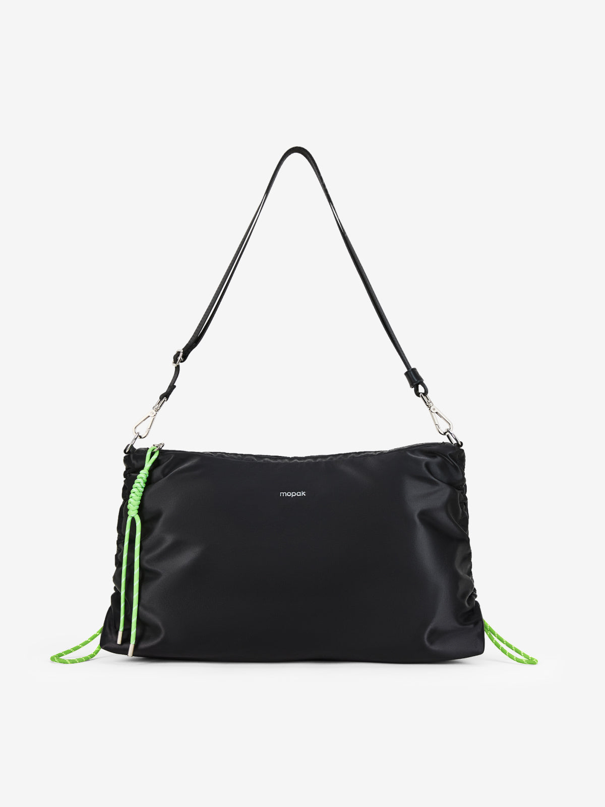 A black nylon shoulder bag with a thin black strap, silver-tone hardware, and bright neon green drawstring accents on the sides, shown against a plain white background.