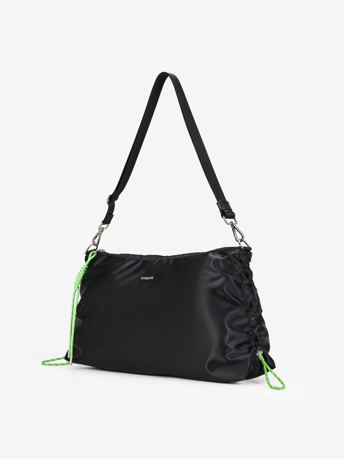 A black nylon shoulder bag with a drawstring closure and bright neon green accents, shown on a clean white background.