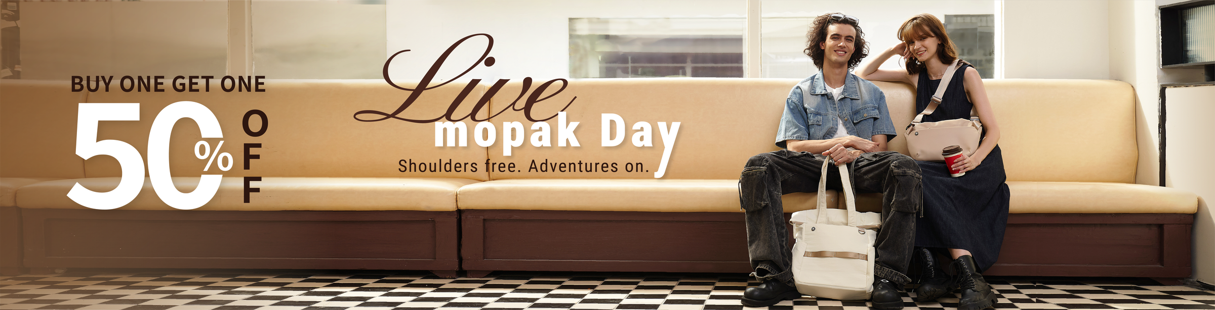 Promotional banner for mopak Day with a couple sitting on a couch and a discount offer. Coffee leather bag and tote bag from mopak