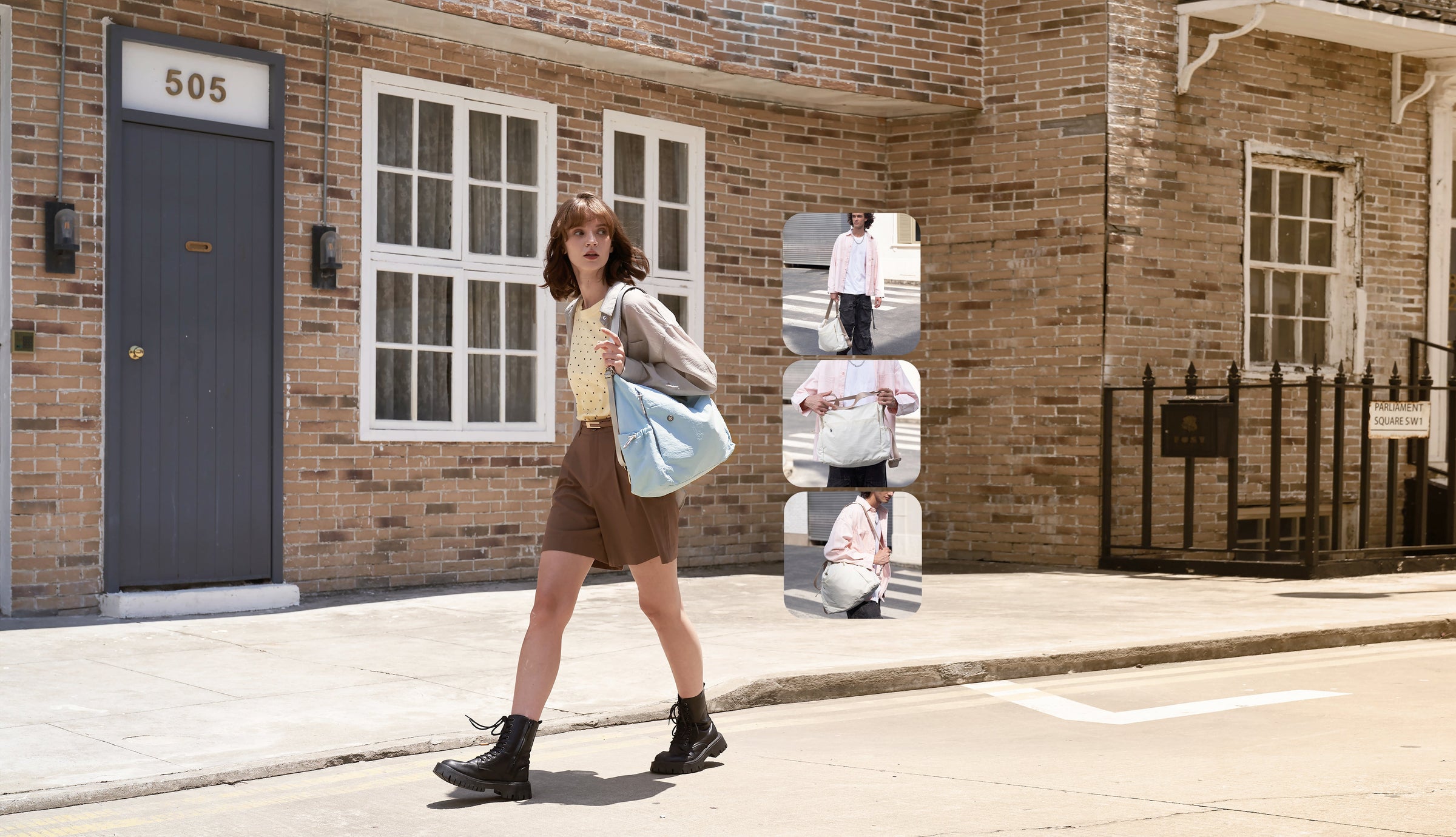 Woman walking on a sidewalk in front of a brick building with mopak Air Convert Tote