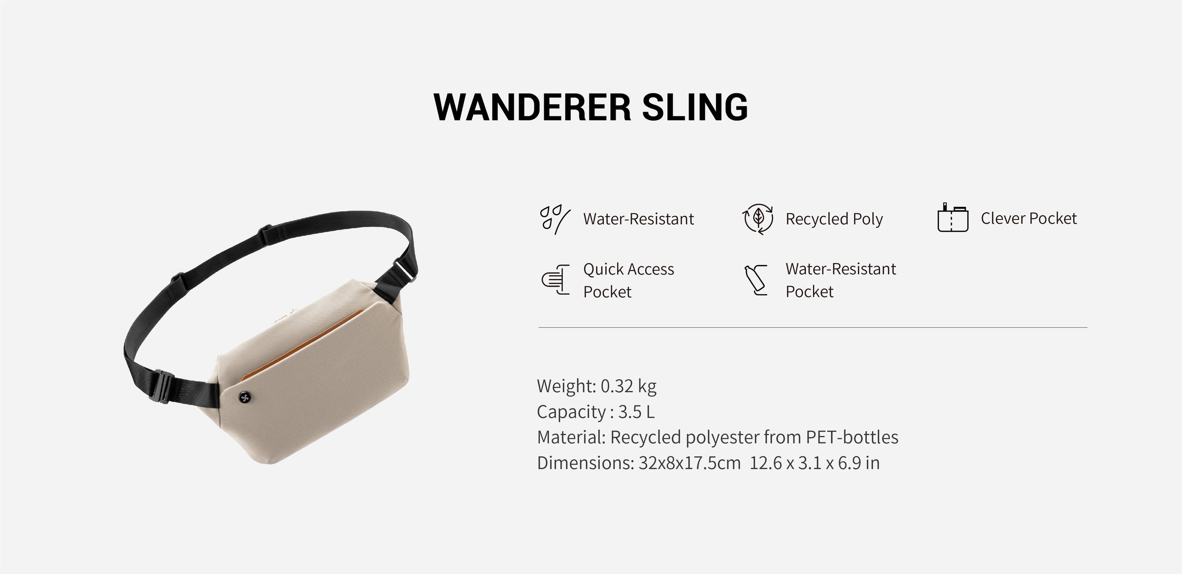 the wanderer sling bag description by mopak. the image explain water-resistatn, recycled Poly and quick access pocket functions of the sling bag by mopak