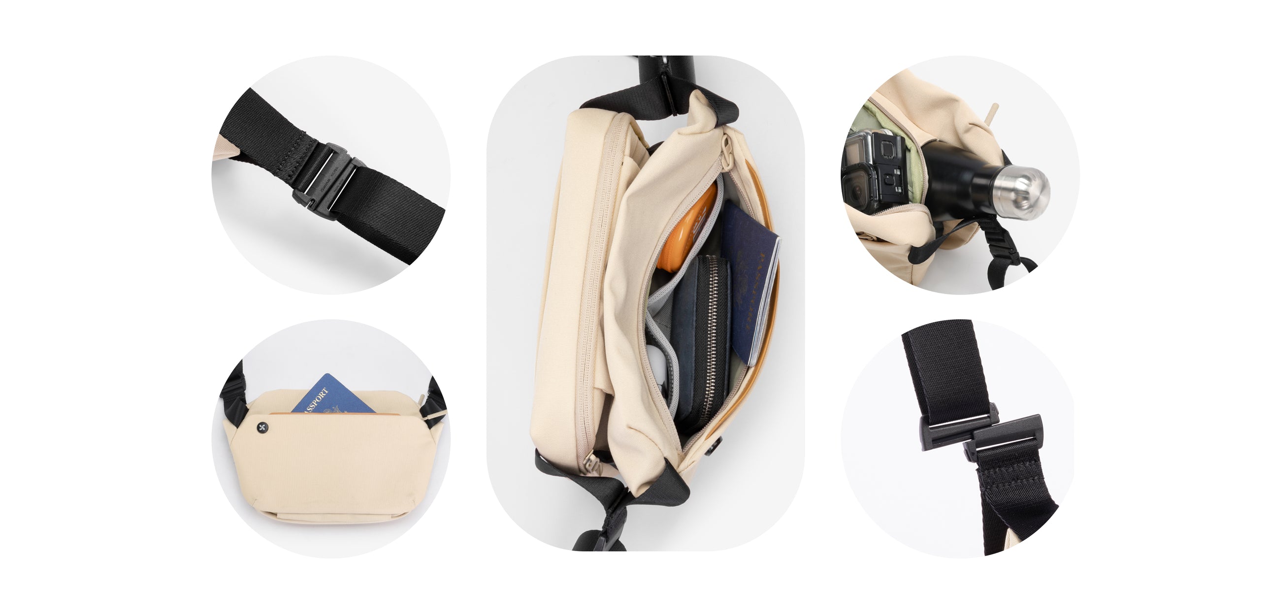 the white color mopak wanderer sling bag's interior pocketsand the buckle, this image shows how wanderer sling bag pockets look like